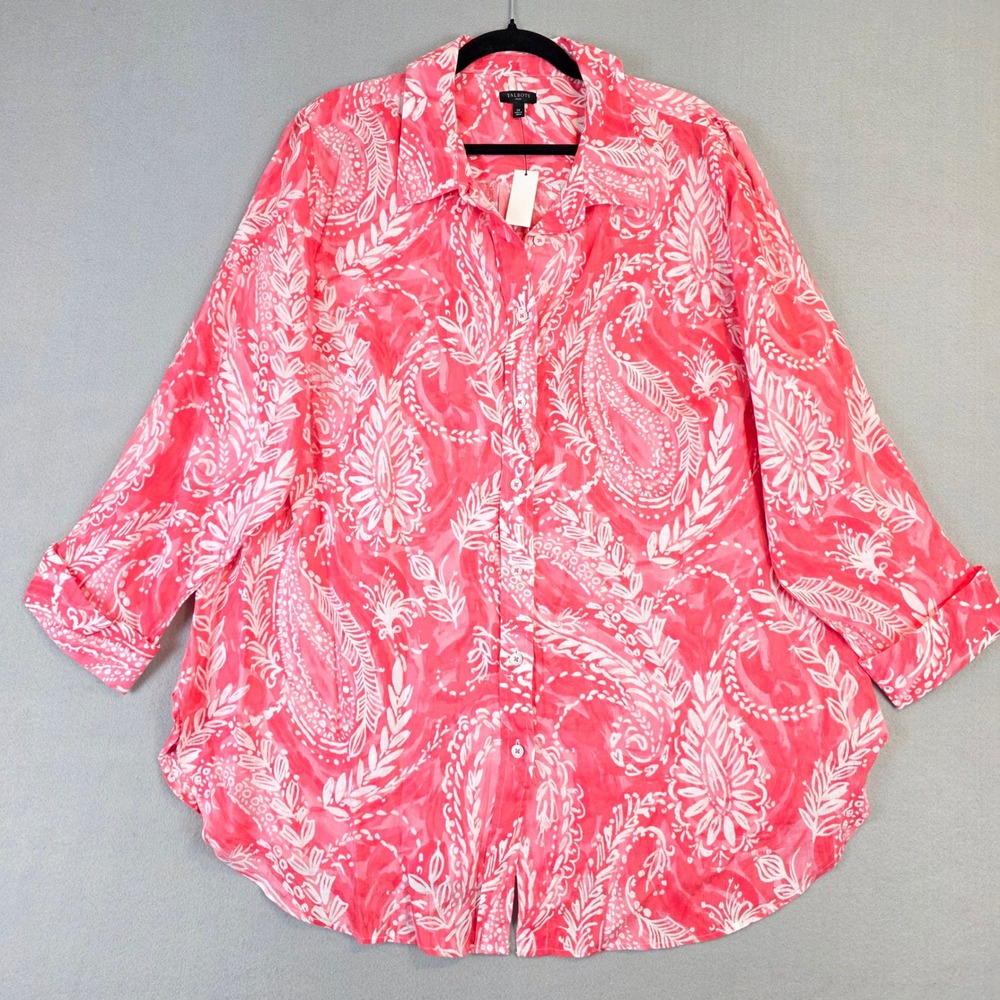 Talbots Plus 2X Salmon Pink Paisley 100% Linen Button Up Tunic Shirt NEW